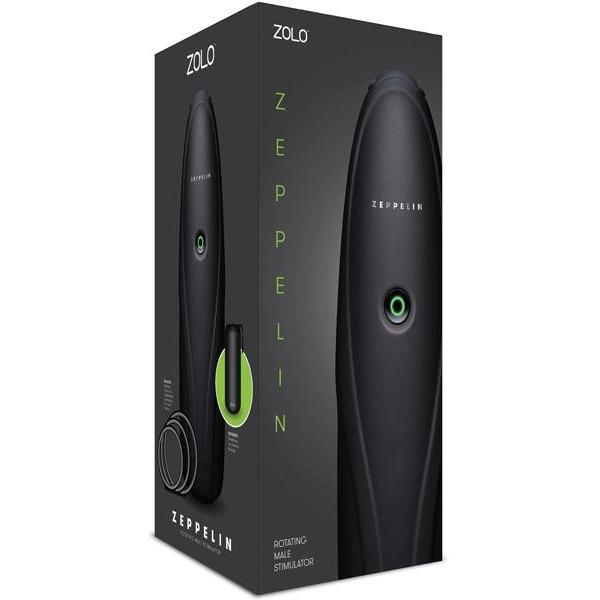 A black box with green accents showcases the luxurious ZOLO Zeppelin, featuring an image of a sleek, black rotating male stimulator. Emphasizing its multifunction rotating action and phthalate-free design, the packaging proudly displays ZOLO Zeppelin, underscoring its sophisticated design and brand.