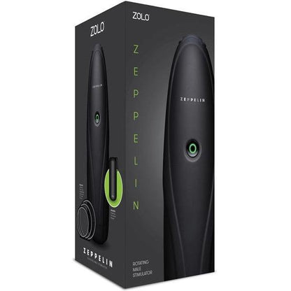 A black box with green accents showcases the luxurious ZOLO Zeppelin, featuring an image of a sleek, black rotating male stimulator. Emphasizing its multifunction rotating action and phthalate-free design, the packaging proudly displays ZOLO Zeppelin, underscoring its sophisticated design and brand.