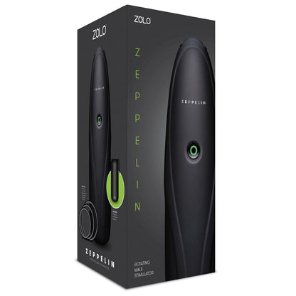 The image displays the ZOLO Zeppelin packaging, a premium male masturbator by Zolo. The box is mainly black with green highlights, showcasing an image of the product and text emphasizing its multifunctional rotating action.