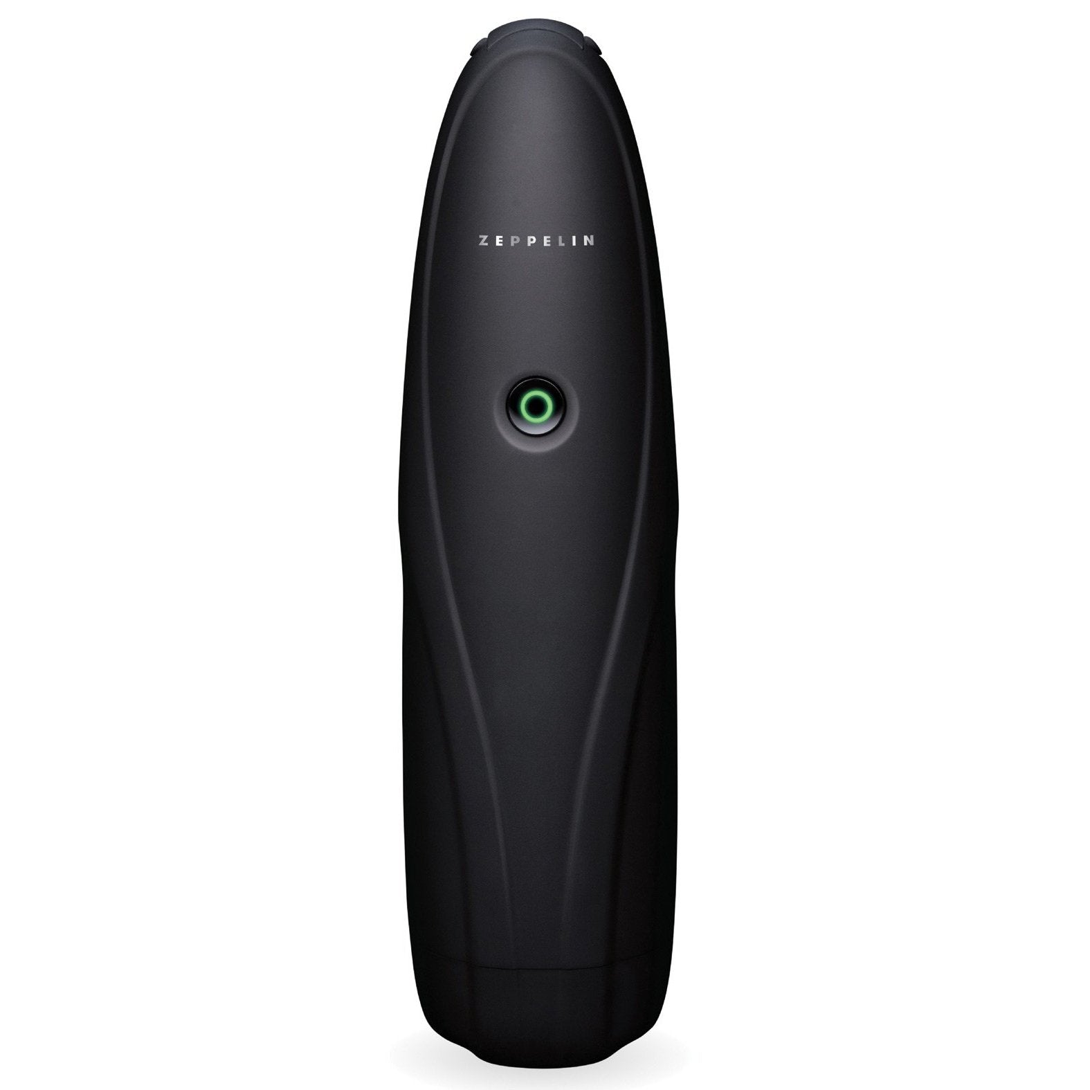 The ZOLO Zeppelin by Zolo is a sleek black airship replica with a glossy, phthalate-free finish. It boasts a circular green accent near its center, embodying a minimalist, modern design that blends innovation and style, resembling a small tech-inspired sculpture.